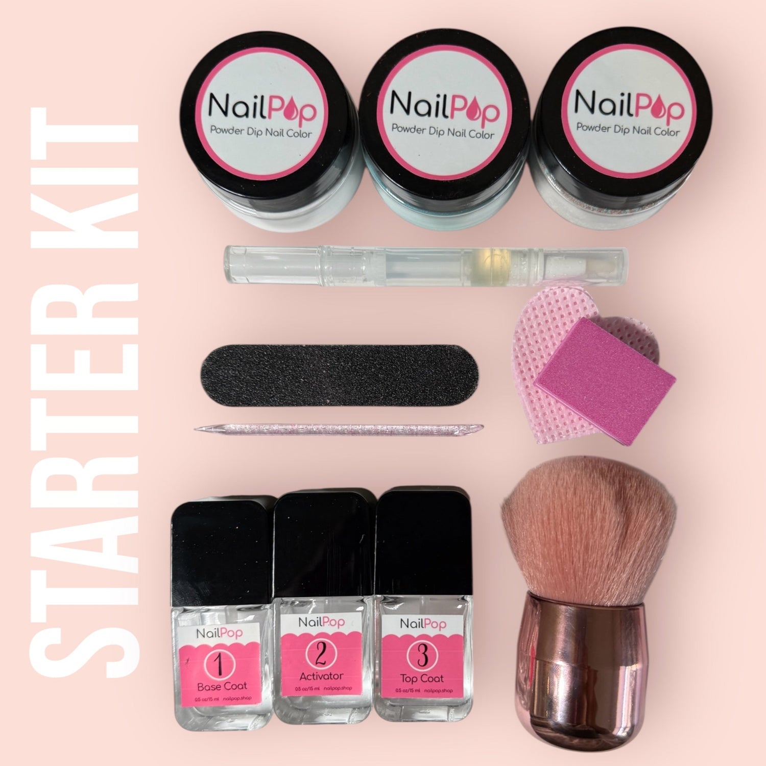 NailPop starter kit with nail polish bottles, brush, and accessories on a pink background